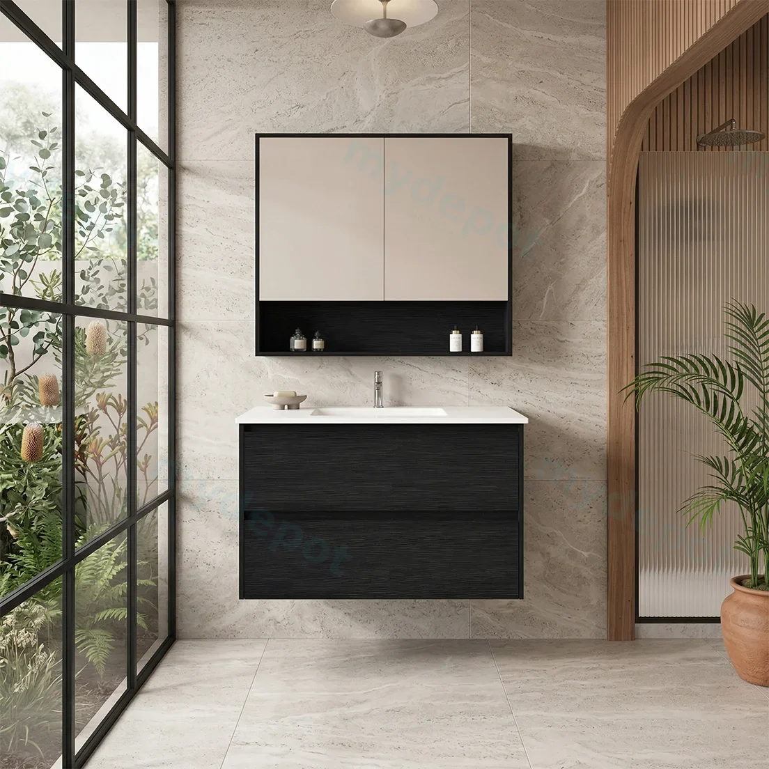 90x460x560mm Hera Black Oak Wall Hung MDF Vanity Cabinet Only Two Soft Closing Drawers view 3