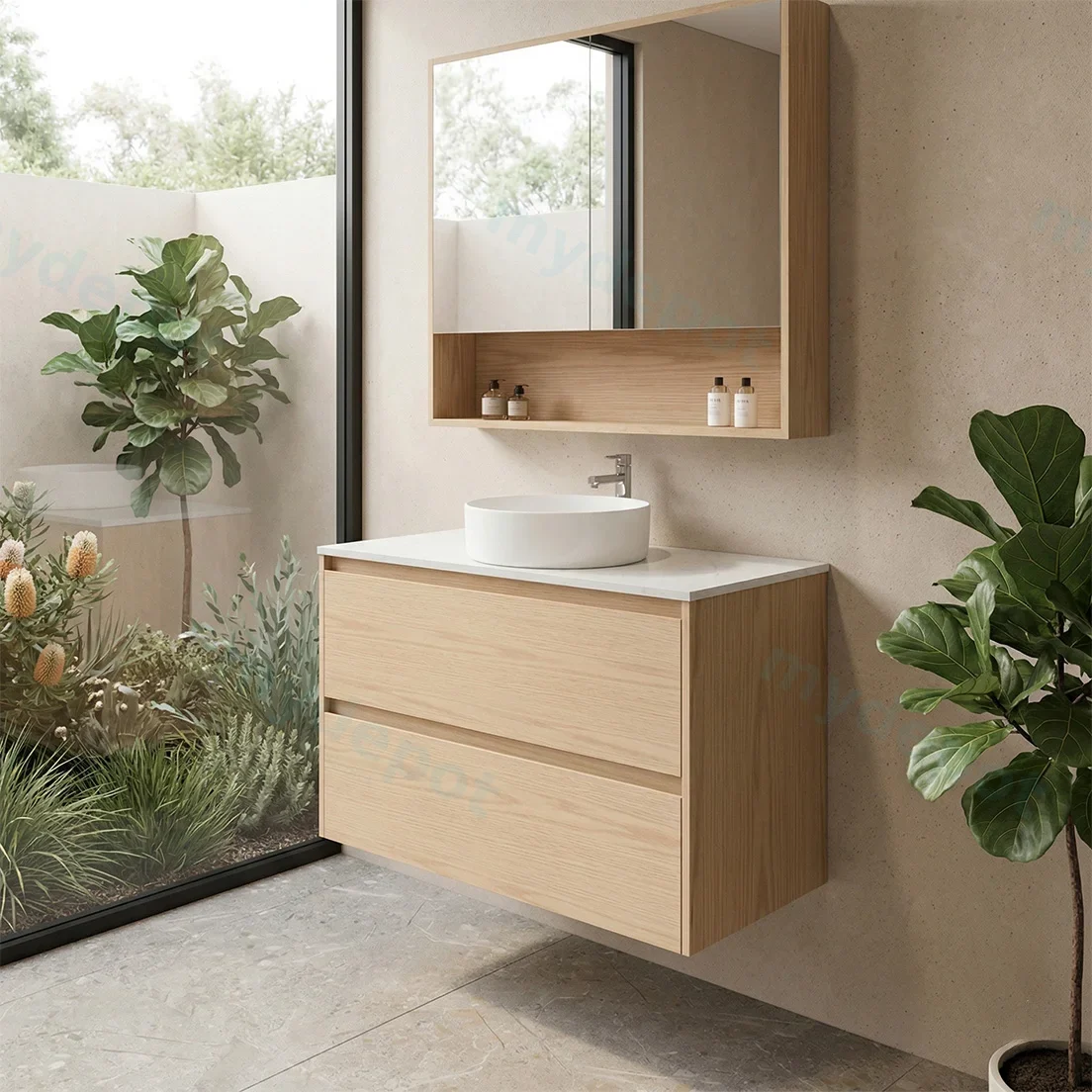 90x460x560mm Hera Tas Oak Wall Hung MDF Vanity Cabinet Only Two Soft Closing Drawers view 2