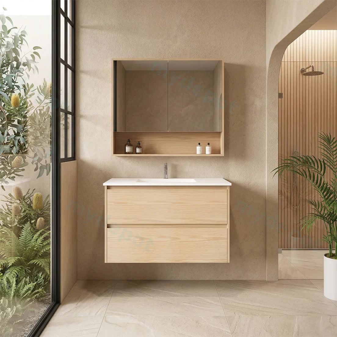 90x460x560mm Hera Tas Oak Wall Hung MDF Vanity Cabinet Only Two Soft Closing Drawers view 3