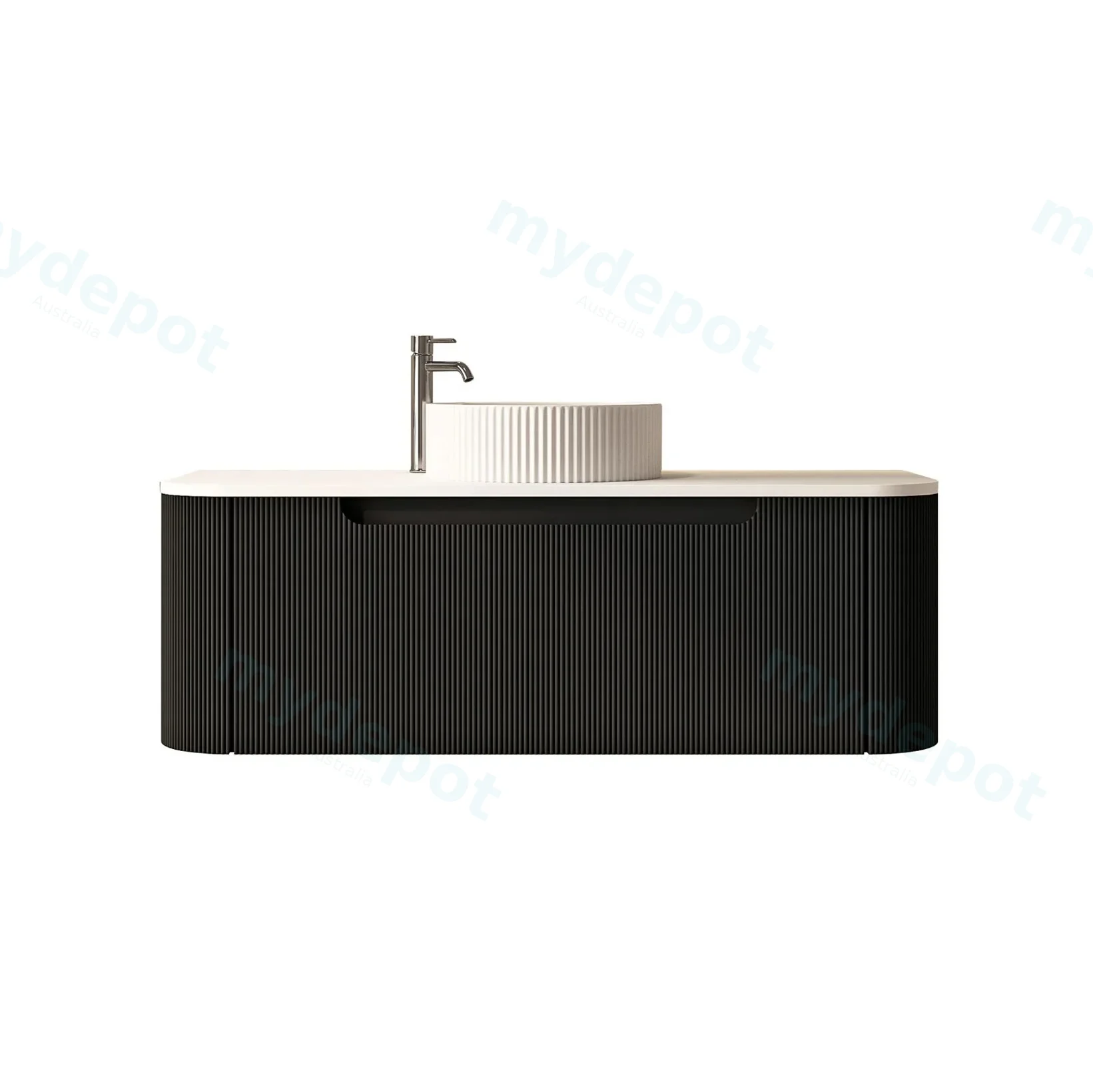 1200x460x400mm Rome Matt Black Round Edge Grooved Wall Hung MDF Vanity With White Quartz Stone Top One Soft Closing Drawer view 2