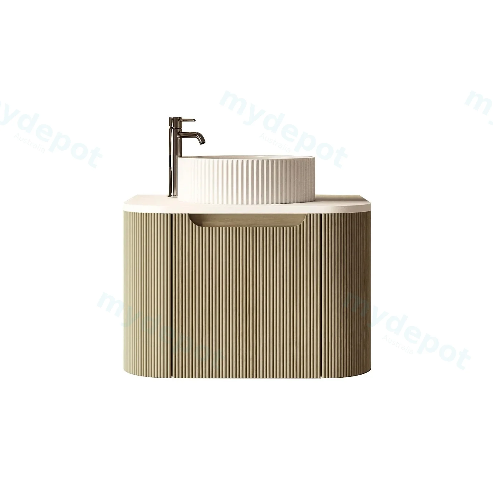 600x460x400mm Rome Bur Oak Round Edge Grooved Wall Hung MDF Vanity With White Quartz Stone Top One Door view 2