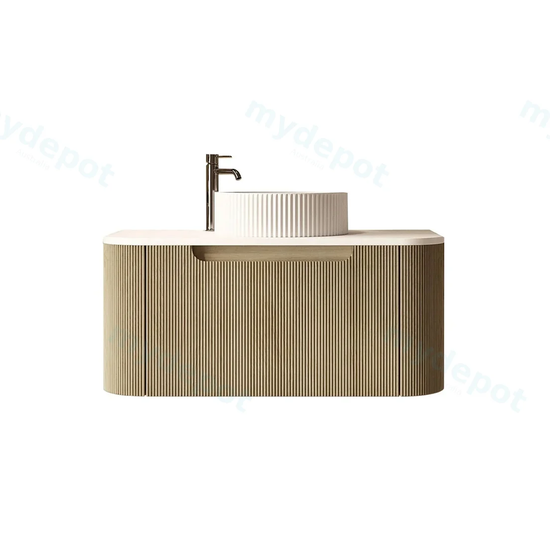 750x460x400mm Rome Bur Oak Round Edge Grooved Wall Hung MDF Vanity With White Quartz Stone Top One Soft Closing Drawer view 2