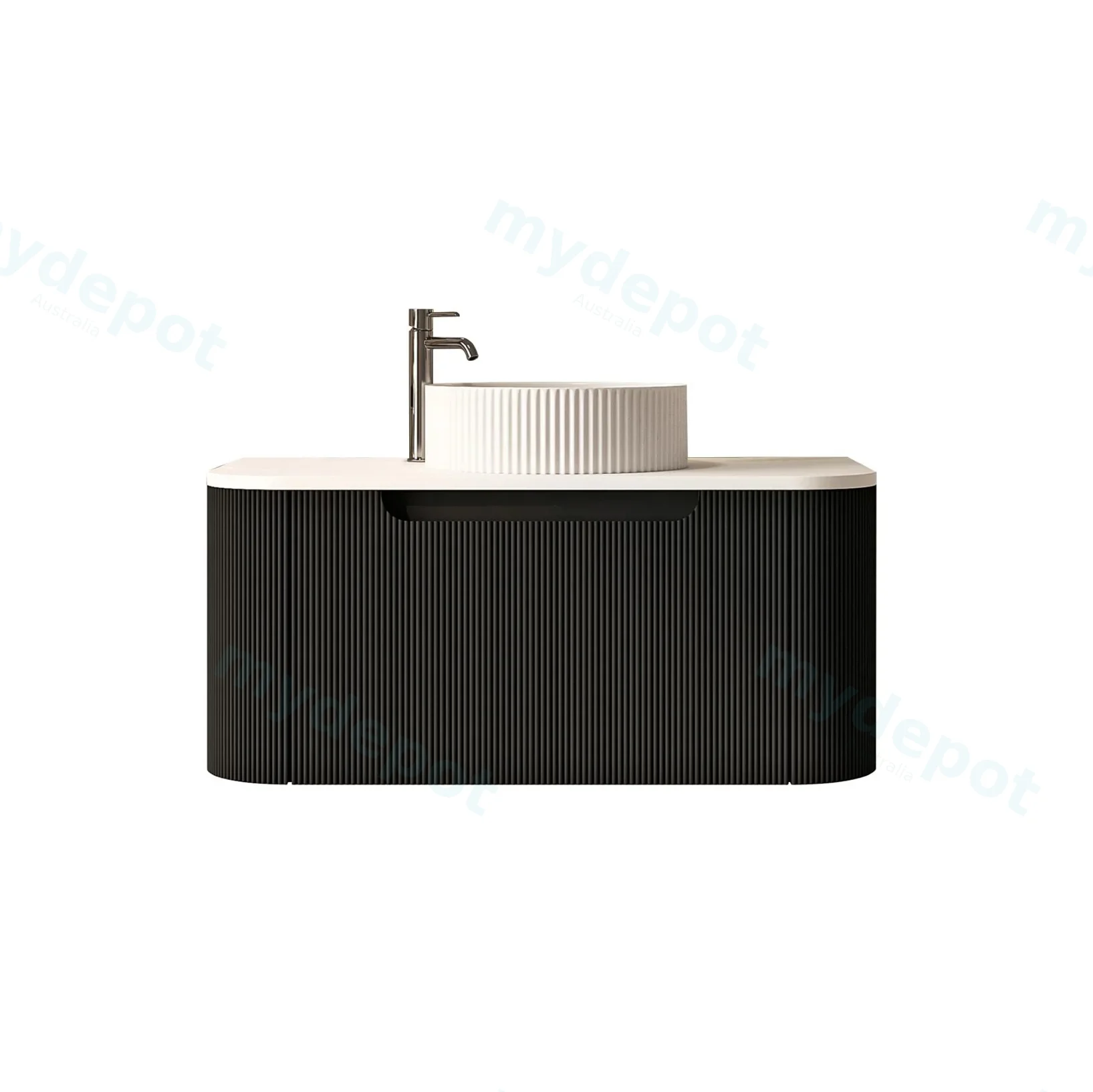 750x460x400mm Rome Matt Black Round Edge Grooved Wall Hung MDF Vanity With White Quartz Stone Top One Soft Closing Drawer view 2