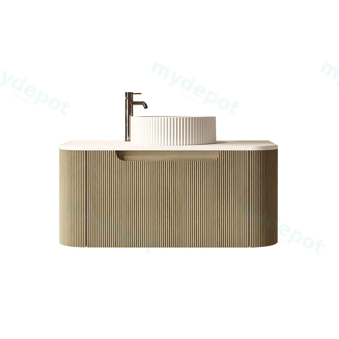 900x460x400mm Rome Bur Oak Round Edge Grooved Wall Hung MDF Vanity With White Quartz Stone Top One Soft Closing Drawer view 2