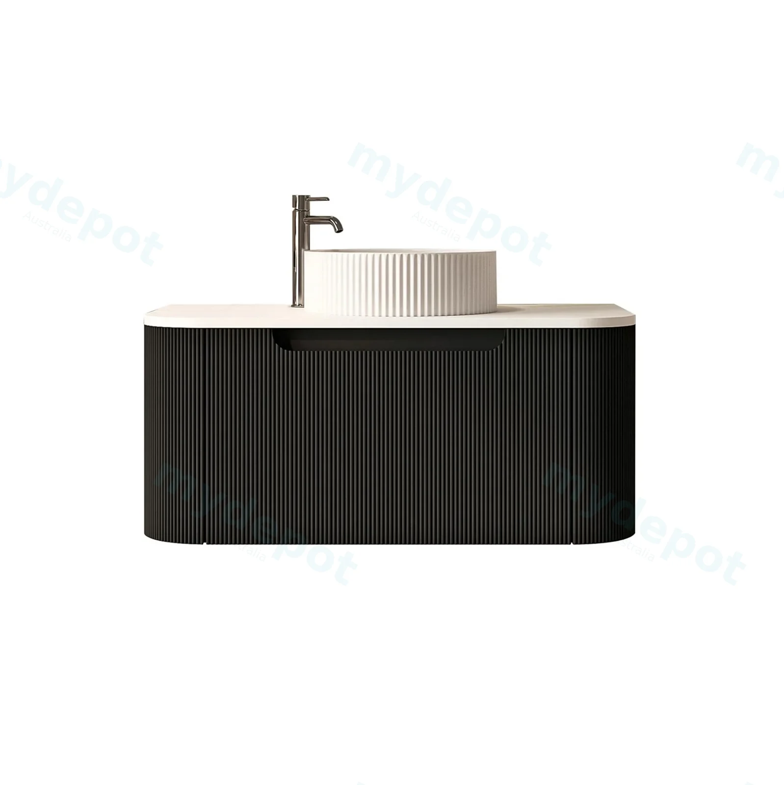 900x460x400mm Rome Matt Black Round Edge Grooved Wall Hung MDF Vanity With White Quartz Stone Top One Soft Closing Drawer view 2