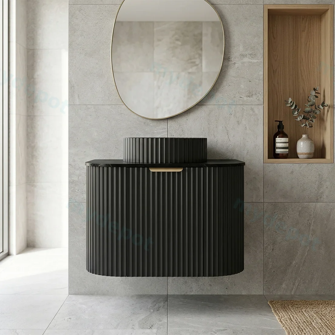 590X455X470mm Matte Black Agena Modern Fluted Wall Hung Vanity PVC Cabinet view 2