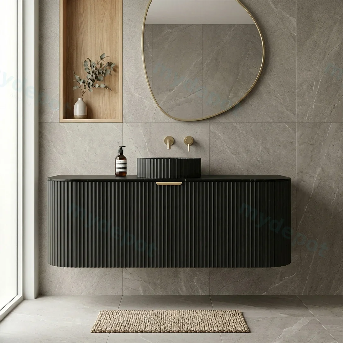 1190X455X470mm Matte Black Agena Modern Fluted Wall Hung Vanity PVC Cabinet view 2