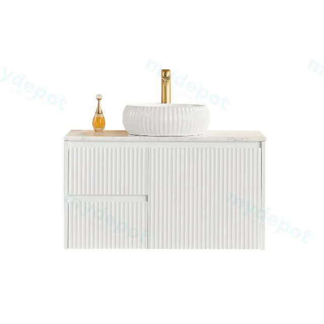 890x455x480mm Matte White Crete Modern Fluted Wall Hung Vanity PVC Cabinet,Left Hand Drawers view 2