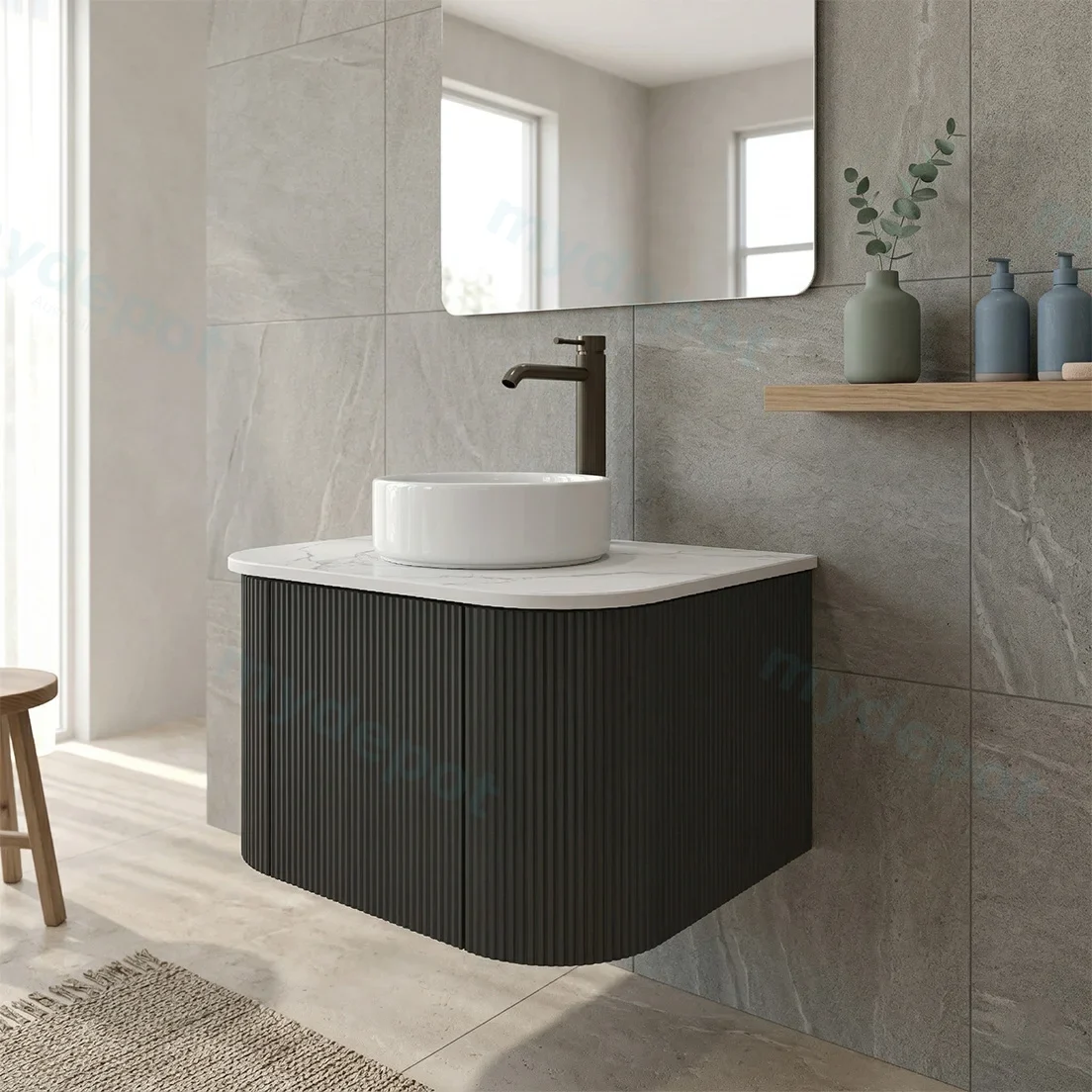 Kiama 600mm Matte Black One Door Curved Wall Hung Vanity Cabinet Only view 2