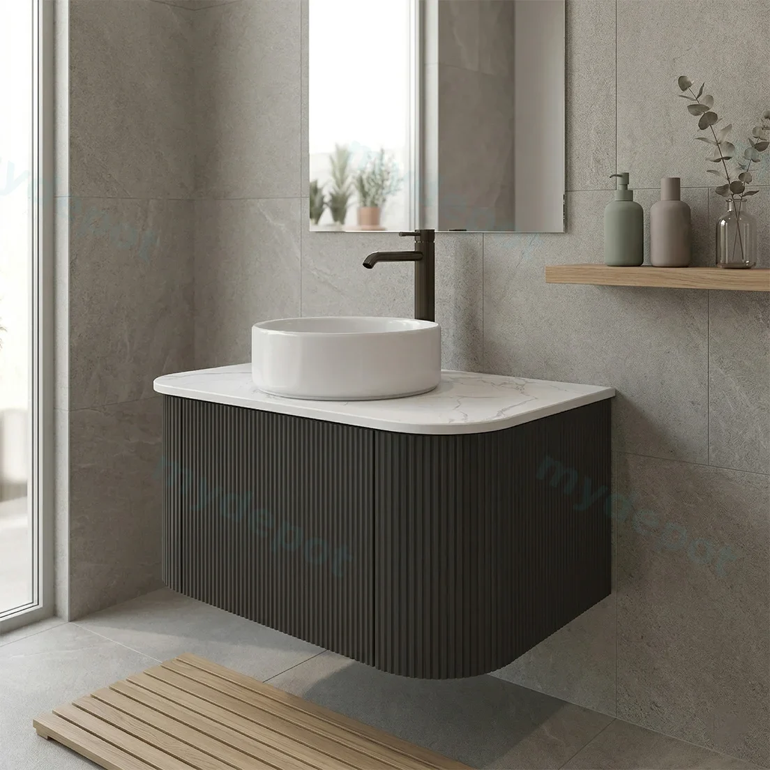 Kiama 750mm Matte Black One Drawer Curved Wall Hung Vanity Cabinet Only view 2