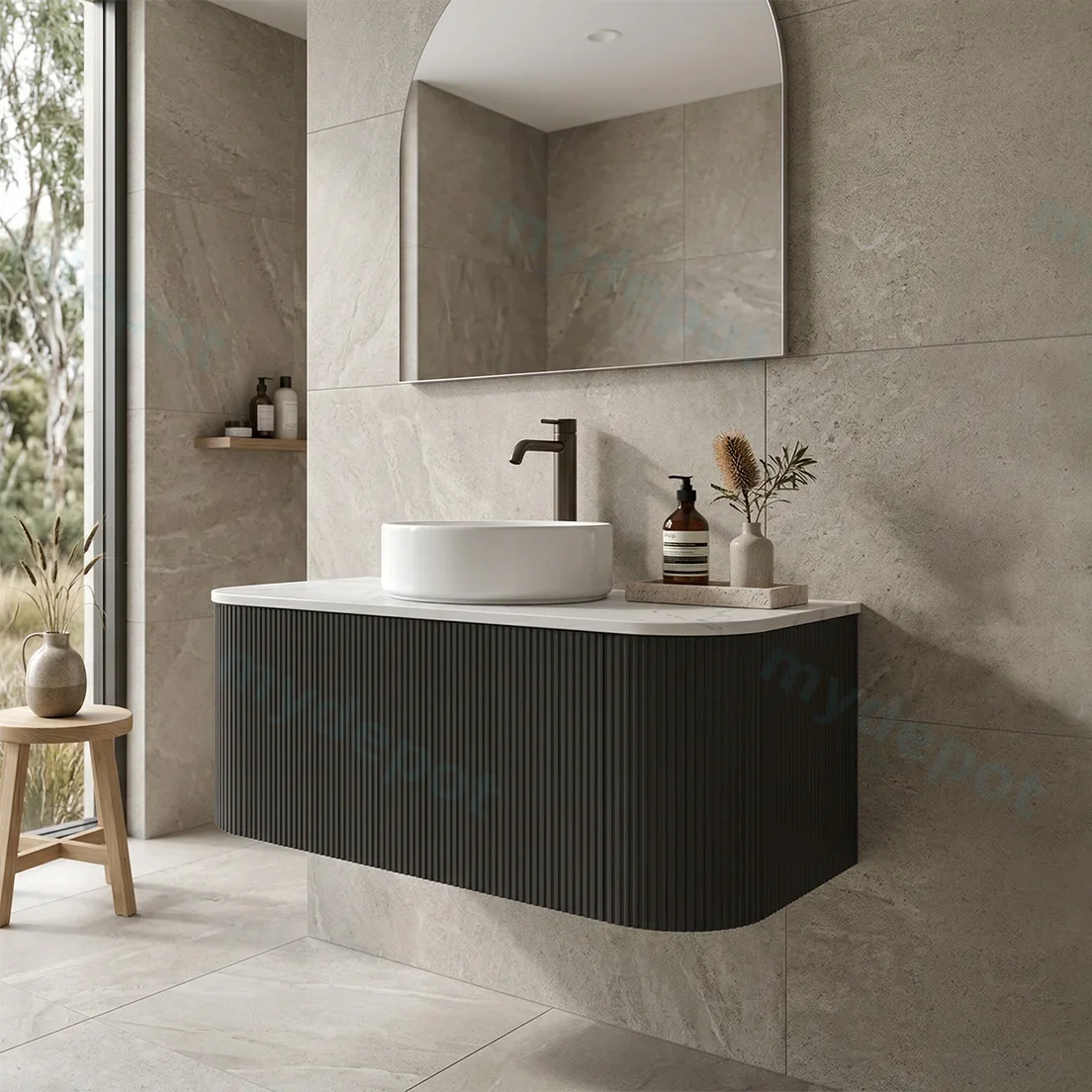 Kiama 900mm Matte Black One Drawer Curved Wall Hung Vanity Cabinet Only Only view 2