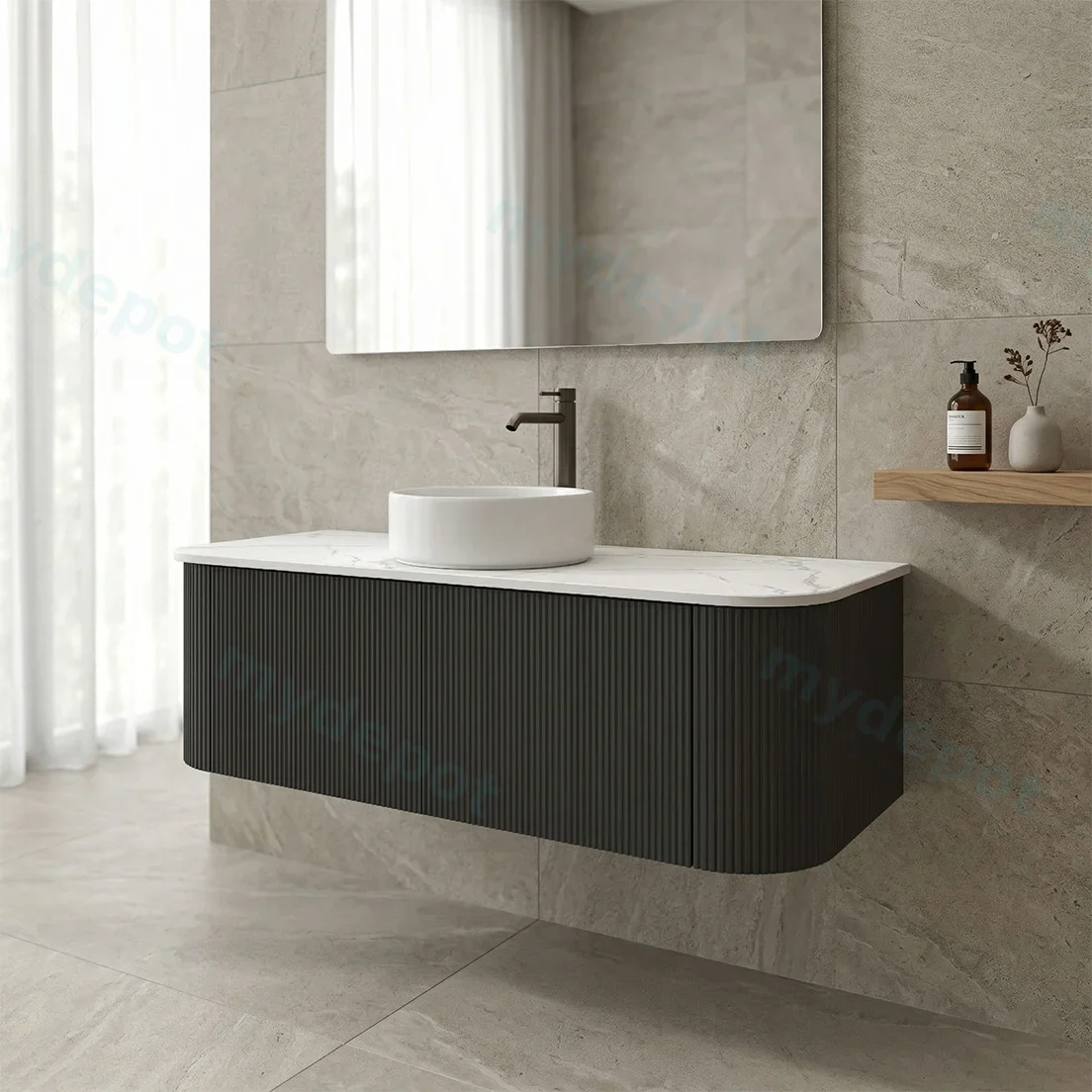 Kiama 1200mm Matte Black Two Drawers Curved Wall Hung Vanity Cabinet Only view 2