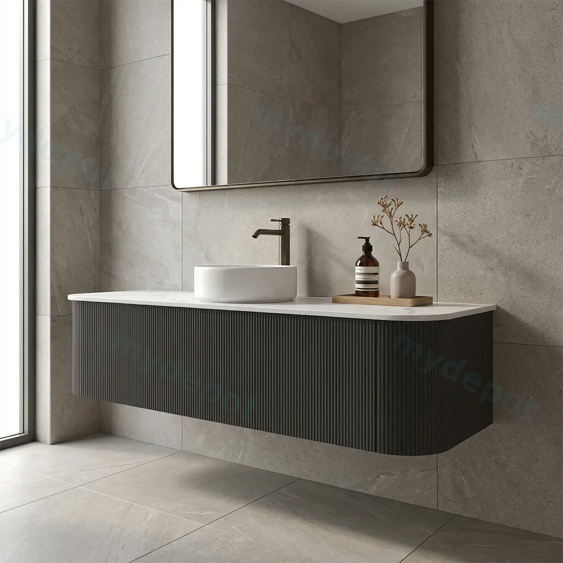 1500mm Kiama Matte Black Two Drawers Curved Wall Hung Vanity Cabinet Only view 2