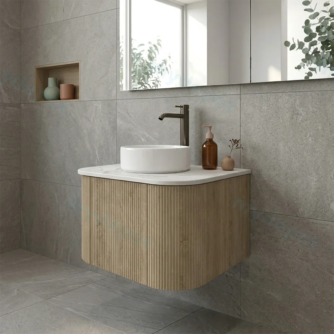 Kiama 600mm White Oak One Door Curved Wall Hung Vanity Cabinet Only view 2