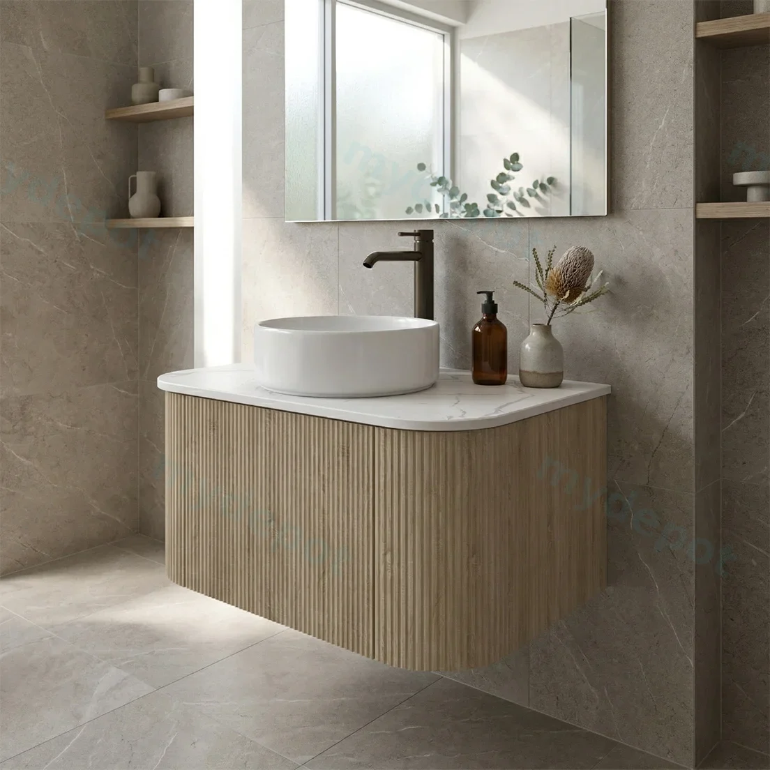 Kiama 750mm White Oak One Drawer Curved Wall Hung Vanity Cabinet Only view 2
