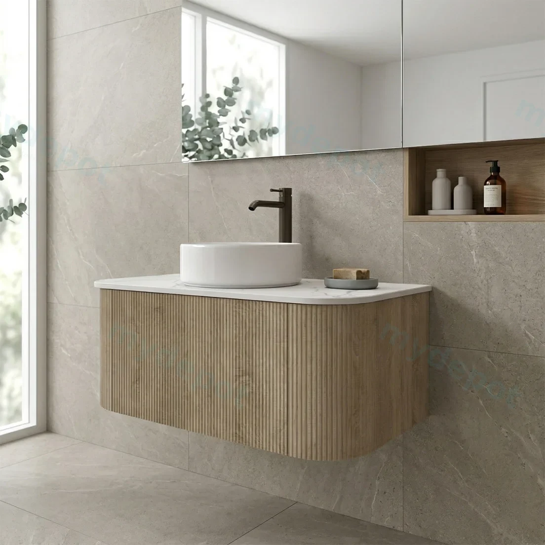 Kiama 900mm White Oak One Drawer Curved Wall Hung Vanity Cabinet Only view 2