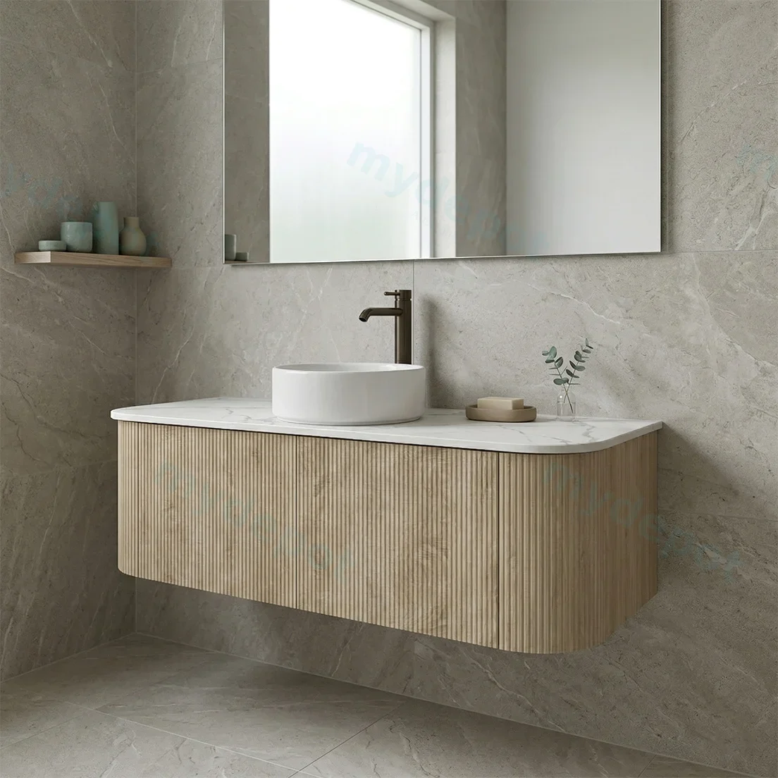Kiama 1200mm White Oak Two Drawers Curved Wall Hung Vanity Cabinet Only view 2