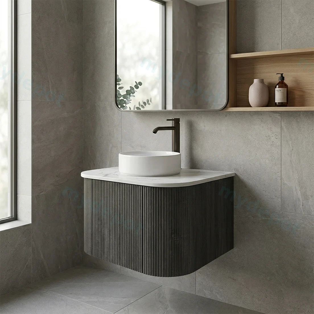 Kiama 600mm Dark Grey One Door Curved Wall Hung Vanity Cabinet Only view 2
