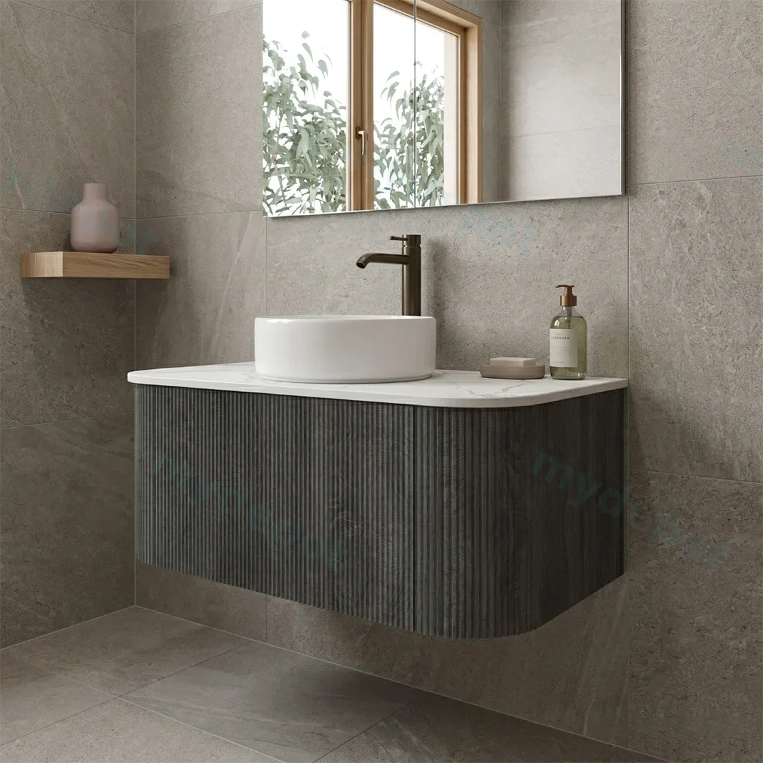 Kiama 900mm Dark Grey One Drawer Curved Wall Hung Vanity Cabinet Only view 2