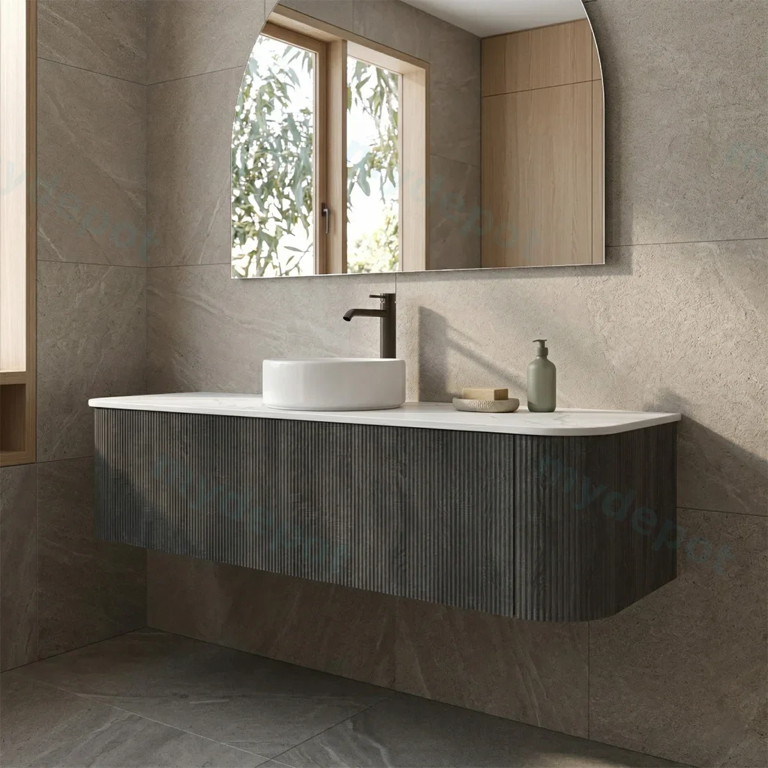 1500mm Kiama Dark Grey Two Drawers Curved Wall Hung Vanity Cabinet Only view 2