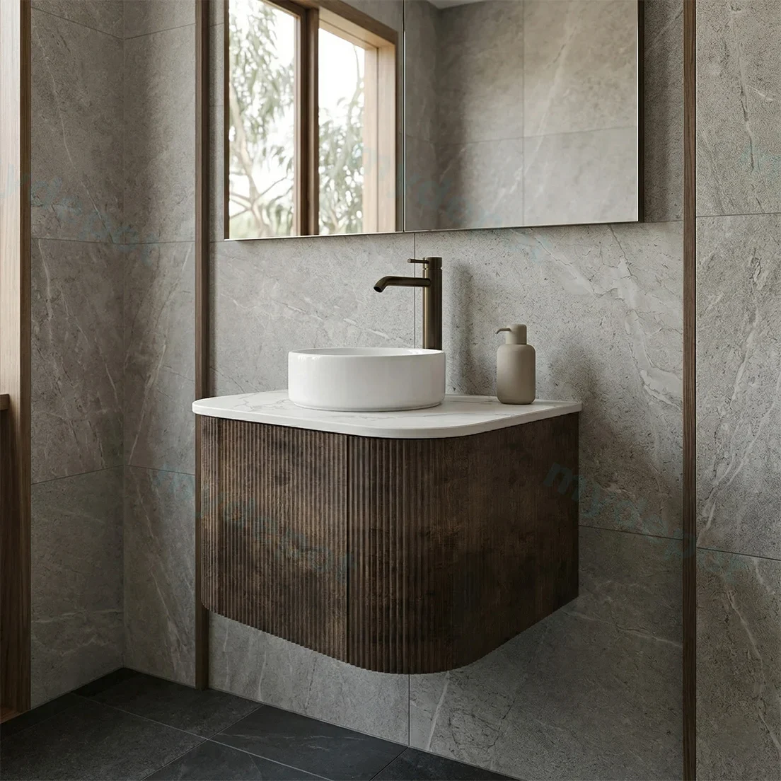 Kiama 600mm Dark Oak One Door Curved Wall Hung Vanity Cabinet Only view 2