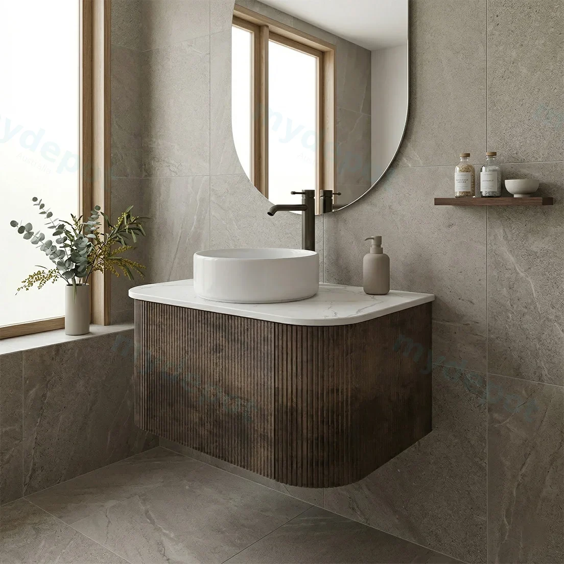 Kiama 750mm Dark Oak One Drawer Curved Wall Hung Vanity Cabinet Only view 2