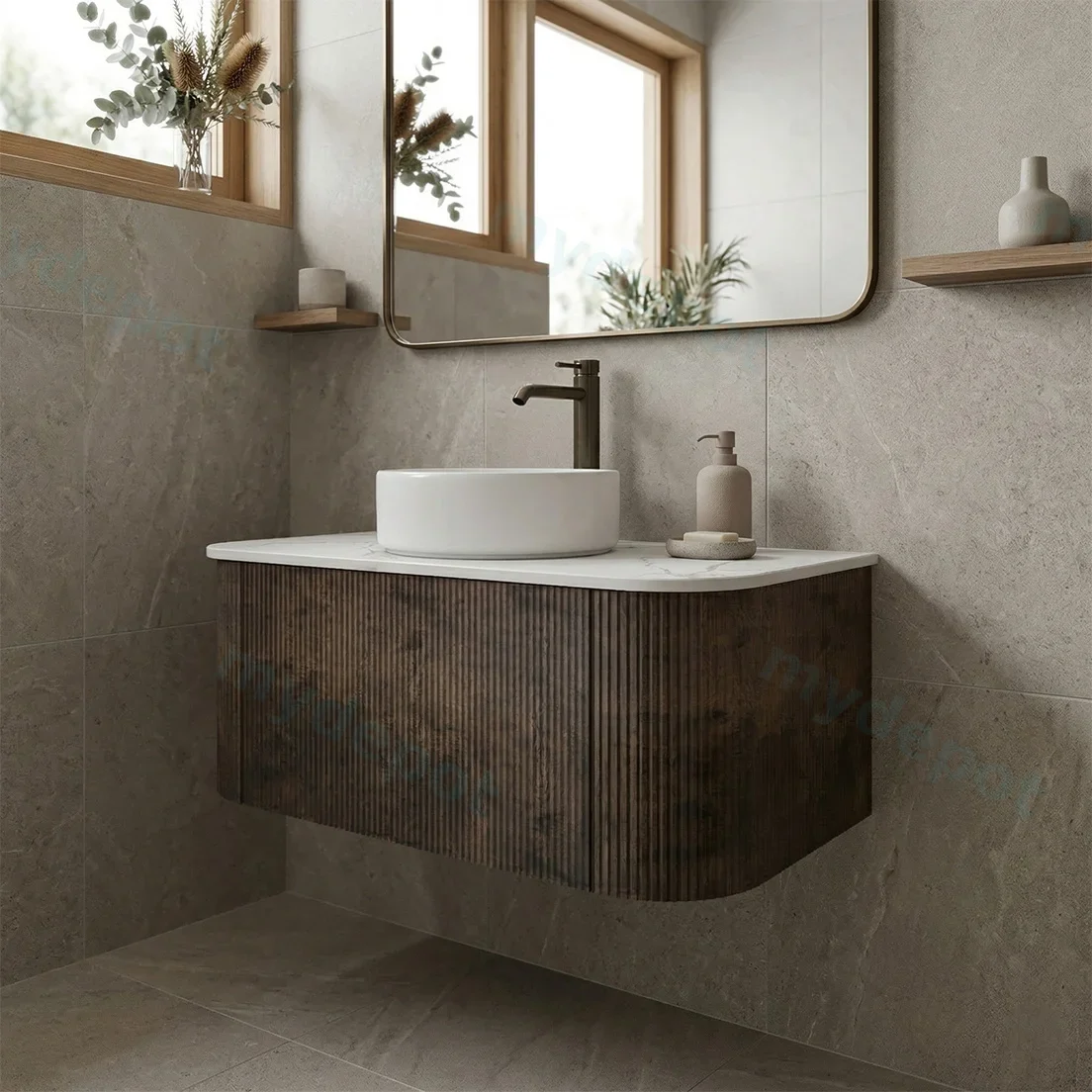 Kiama 900mm Dark Oak One Drawer Curved Wall Hung Vanity Cabinet Only view 2