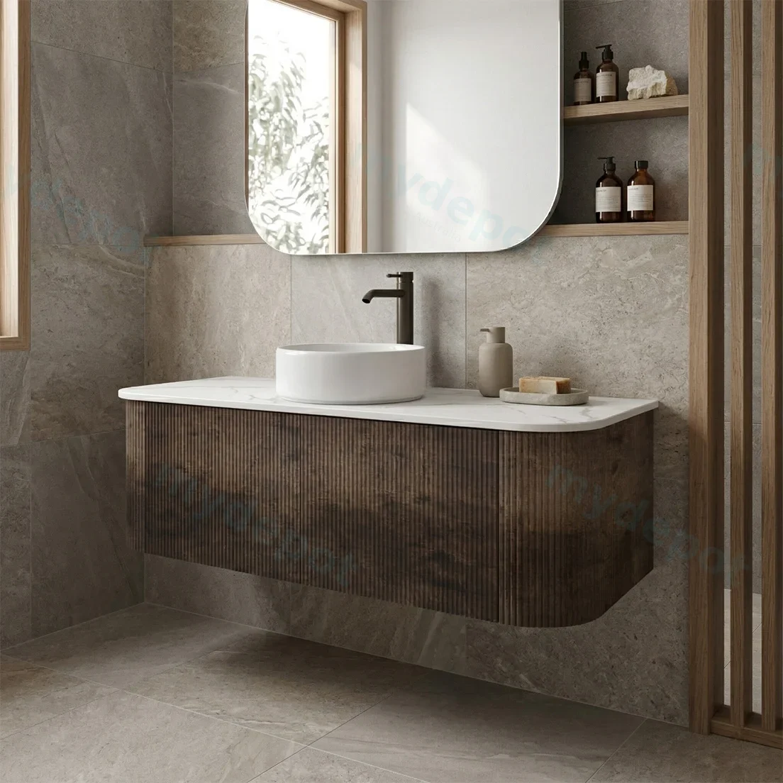 Kiama 1200mm Dark Oak Two Drawers Curved Wall Hung Vanity Cabinet Only view 2