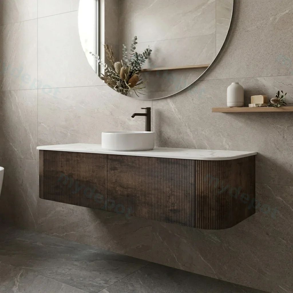 1500mm Kiama Dark Oak Two Drawers Curved Wall Hung Vanity Cabinet Only view 2