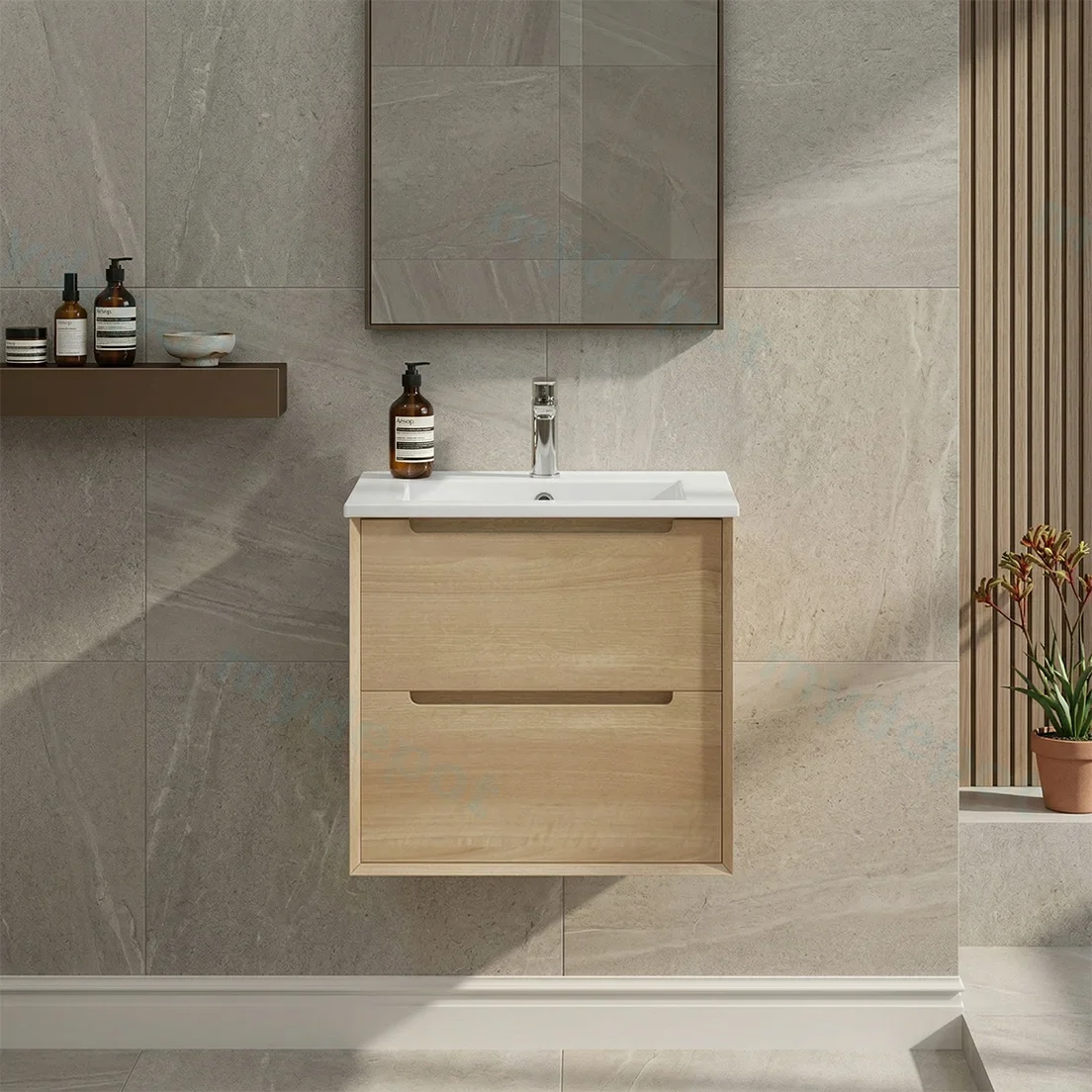 600mm Bell Collection Natural Oak Plywood 2 Drawers Wall Hung Bathroom Vanity Cabinet Only view 2