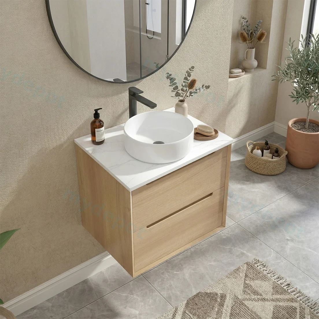 600mm Bell Collection Natural Oak Plywood 2 Drawers Wall Hung Bathroom Vanity Cabinet Only view 3