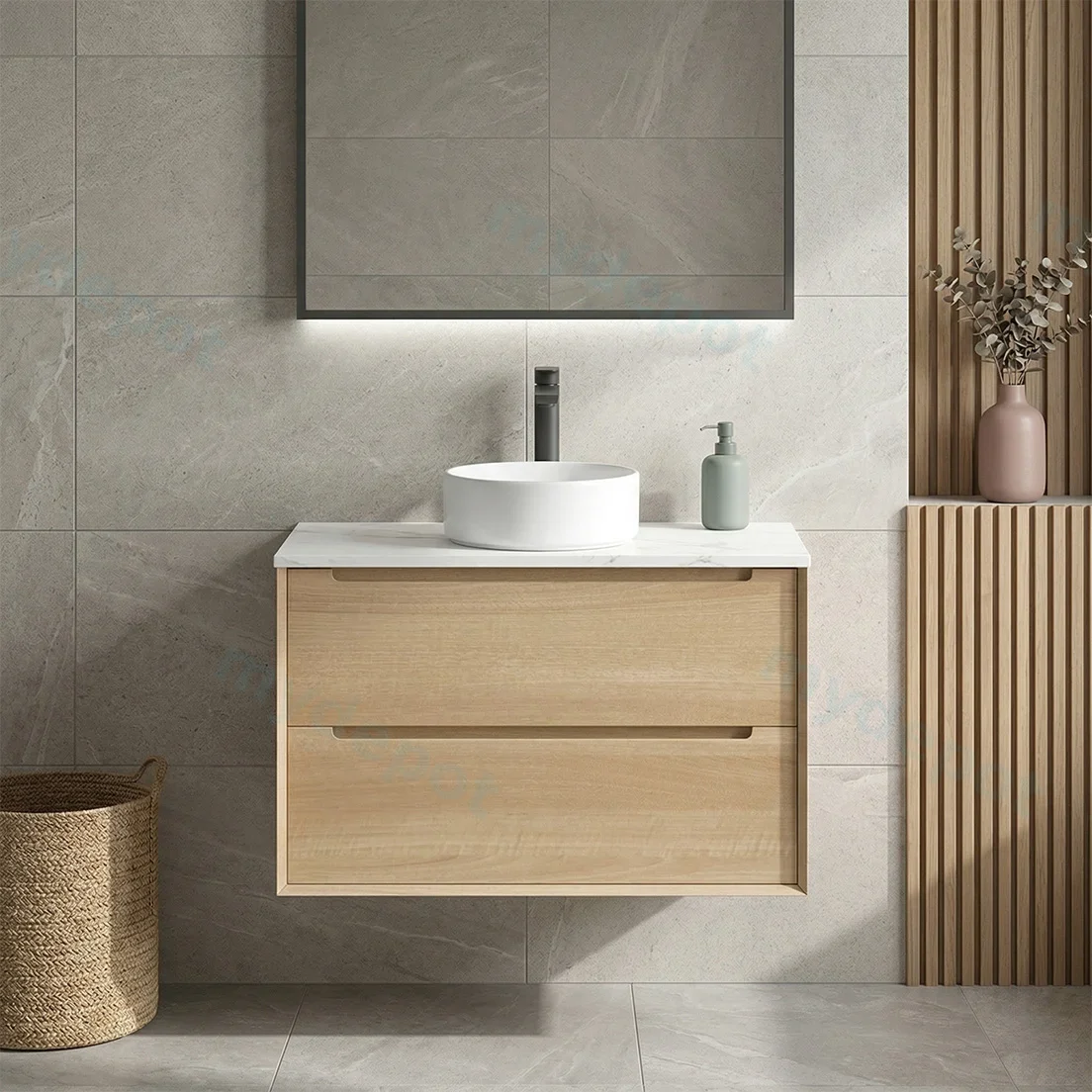 900mm Bell Collection Natural Oak Plywood 2 Drawers Wall Hung Bathroom Vanity Cabinet Only view 3
