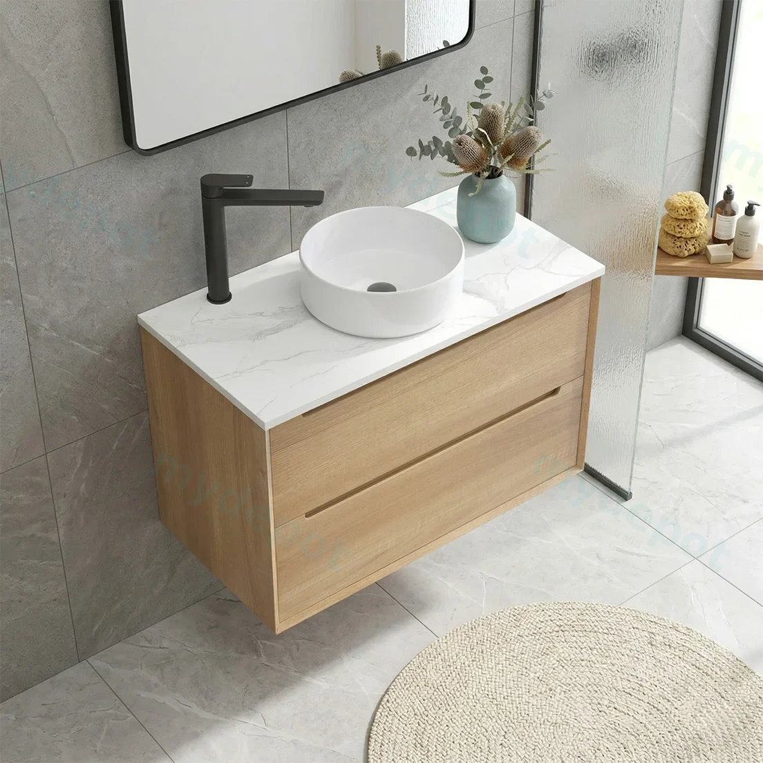 900mm Bell Collection Natural Oak Plywood 2 Drawers Wall Hung Bathroom Vanity Cabinet Only view 4