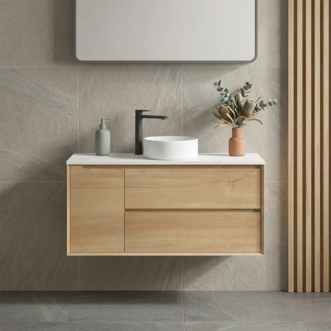 1200mm Bell Collection Natural Oak Plywood 2 Right Drawers 1 Left Door Wall Hung Bathroom Vanity Cabinet Only view 2