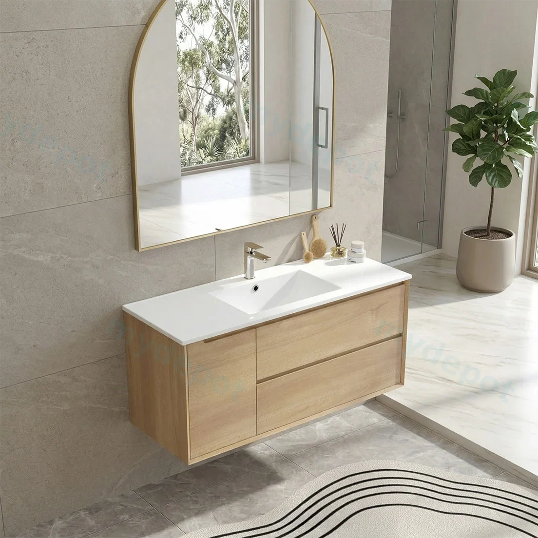 1200mm Bell Collection Natural Oak Plywood 2 Right Drawers 1 Left Door Wall Hung Bathroom Vanity Cabinet Only view 3