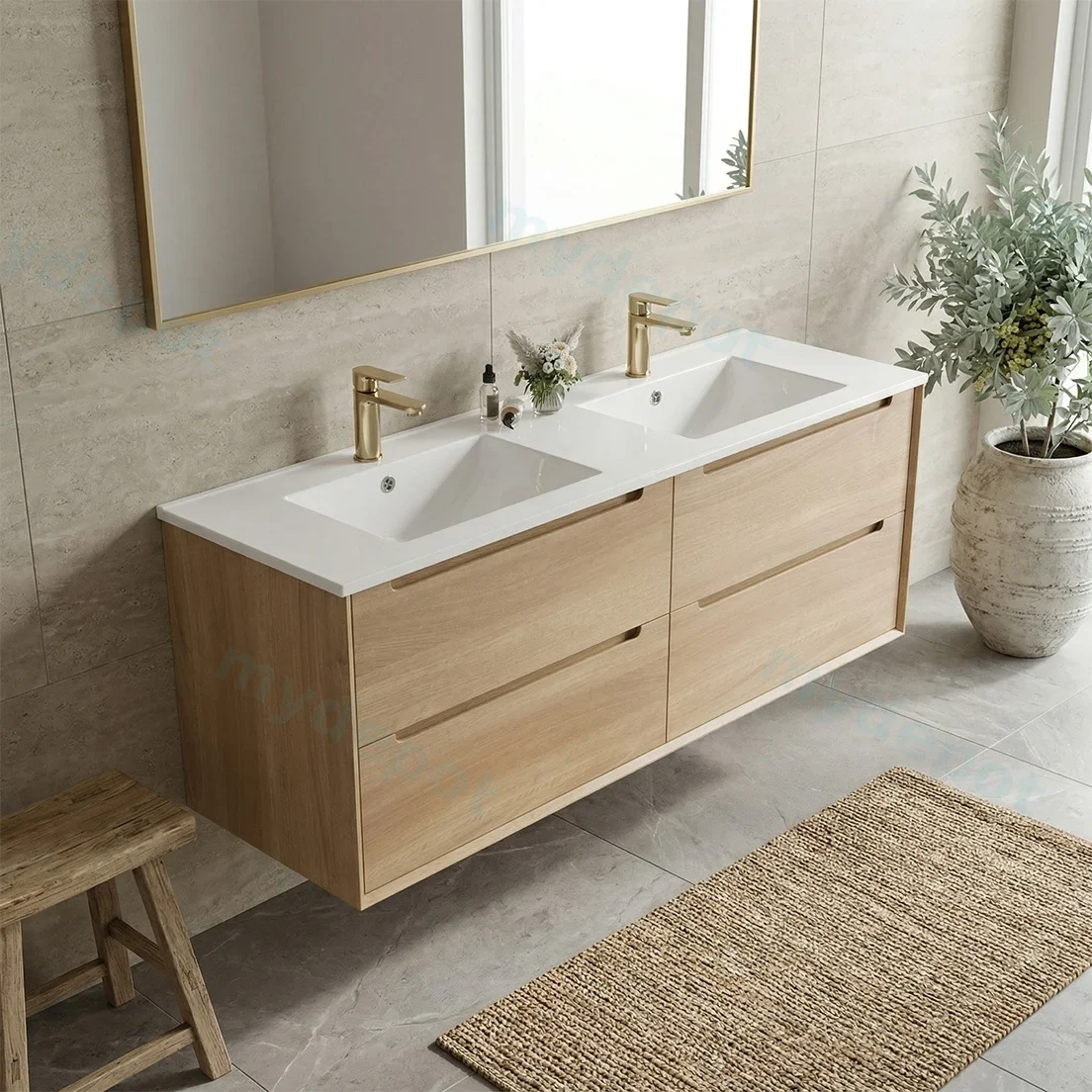 1500mm Bell Collection Natural Oak Plywood 4 Drawers Wall Hung Bathroom Vanity Cabinet Only view 3