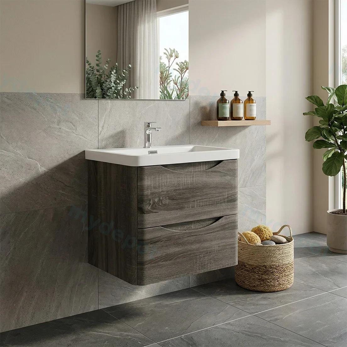 750mm Dark Grey MDF Board with PVC Vacuum Filmed Two Drawers Curved Wall Hung Vanity Cabinet Only view 2