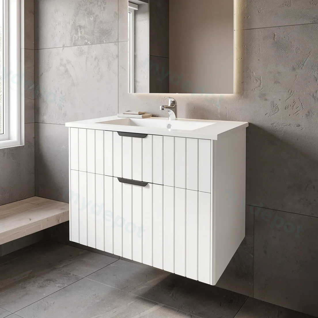 750mm Aria Matte White Mdf Two Drawers Wall Hung Bathroom Vanity Cabinet Only With Handle view 9