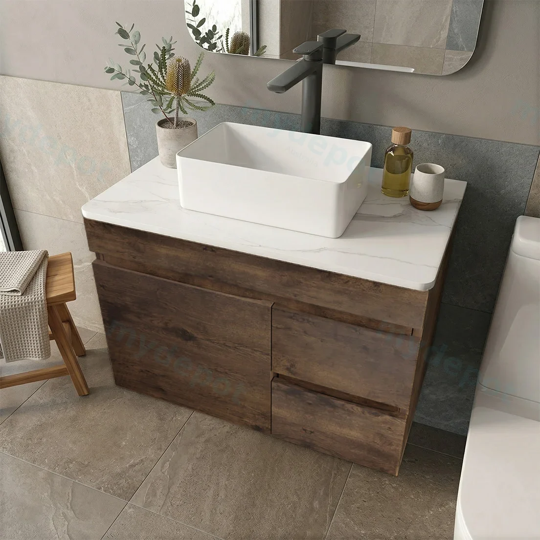 750mm Dark Oak MDF Wall Hung Bathroom Vanity Cabinet Only Right Drawer PVC Vacuum Filmed view 6