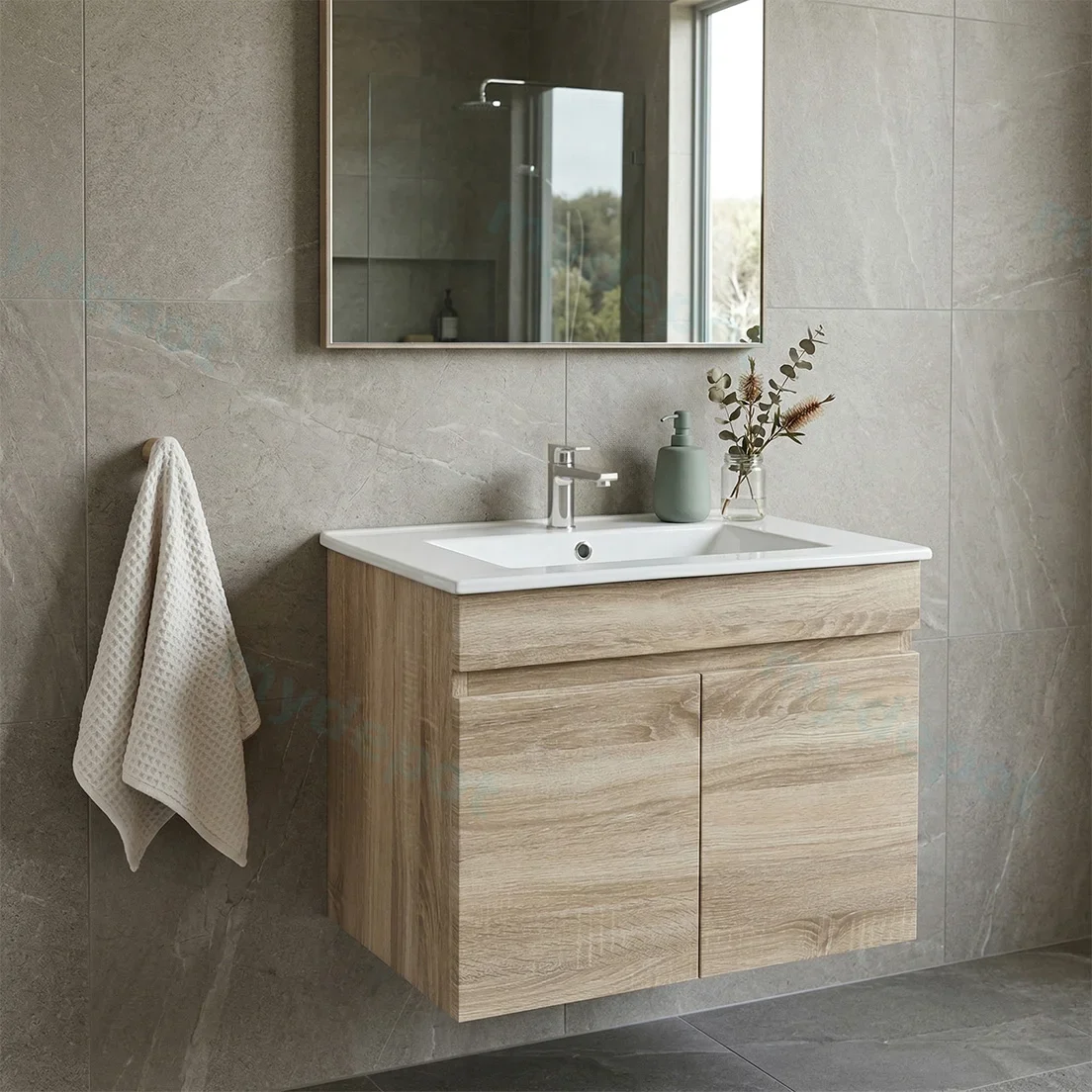 600mm Slim White Oak MDF Wall Hung Bathroom Vanity Cabinet Only 2 Doors view 2
