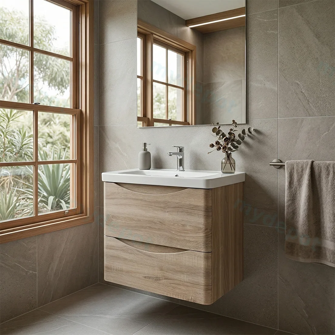 600mm White Oak MDF Board with PVC Vacuum Filmed Two Drawers Curved Wall Hung Vanity Cabinet Only view 2