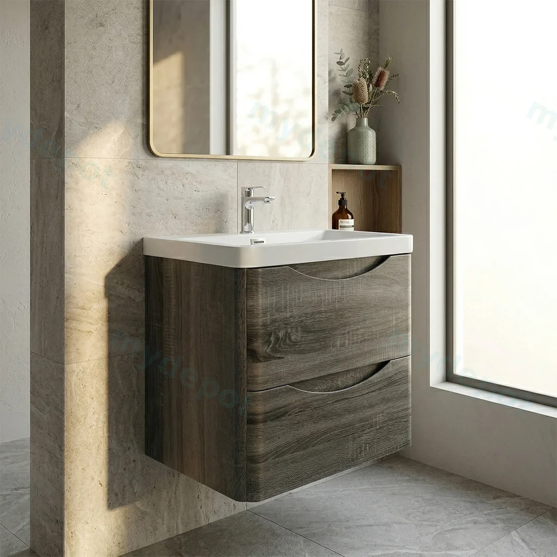 600mm Dark Grey MDF Board with PVC Vacuum Filmed Two Drawers Curved Wall Hung Vanity Cabinet Only view 2