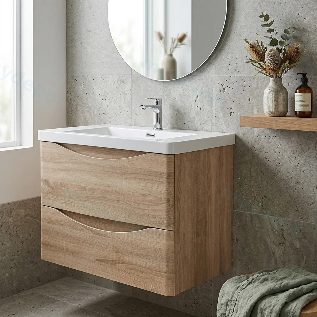 750mm White Oak MDF Board with PVC Vacuum Filmed Two Drawers Curved Wall Hung Vanity Cabinet Only view 2