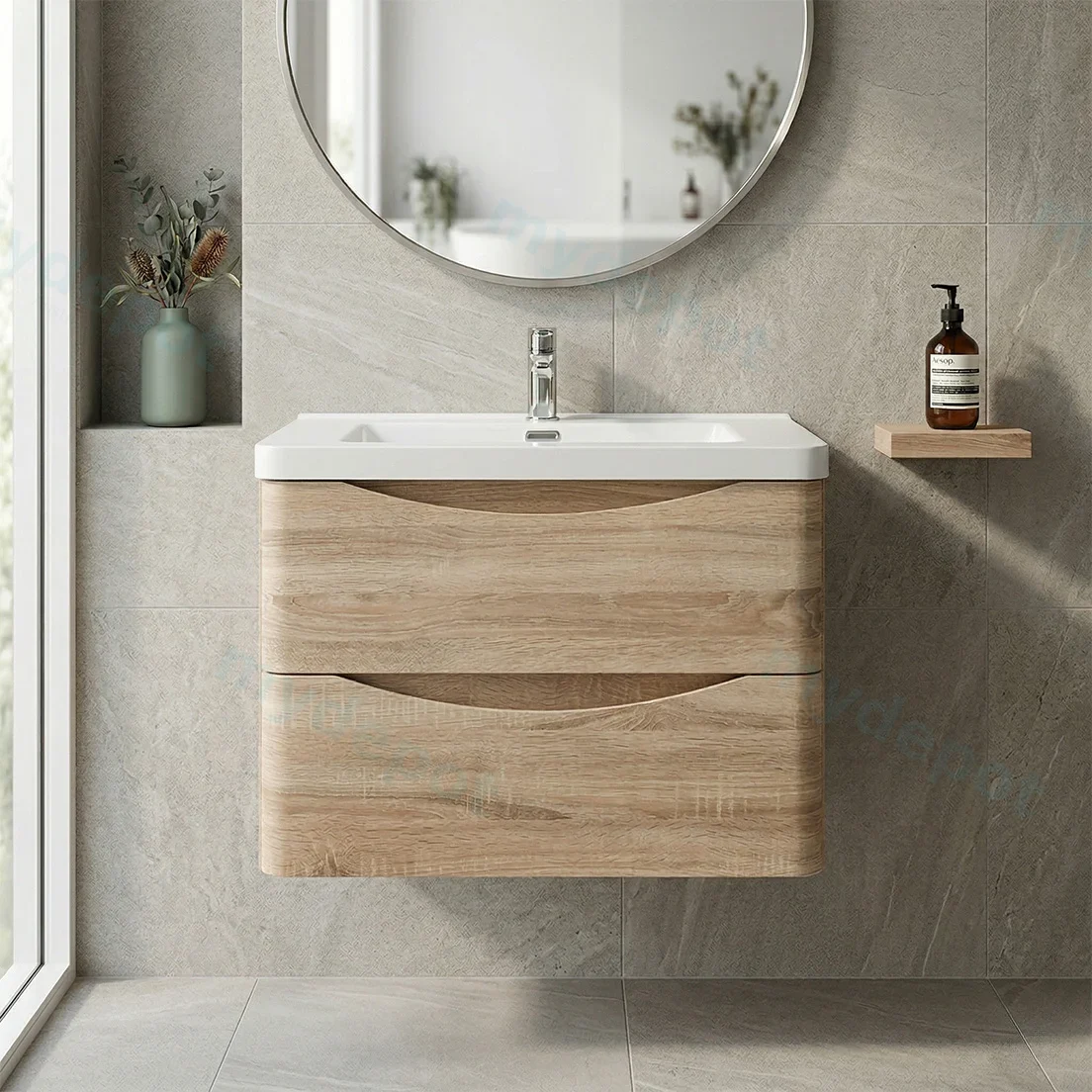 750mm White Oak MDF Board with PVC Vacuum Filmed Two Drawers Curved Wall Hung Vanity Cabinet Only view 3