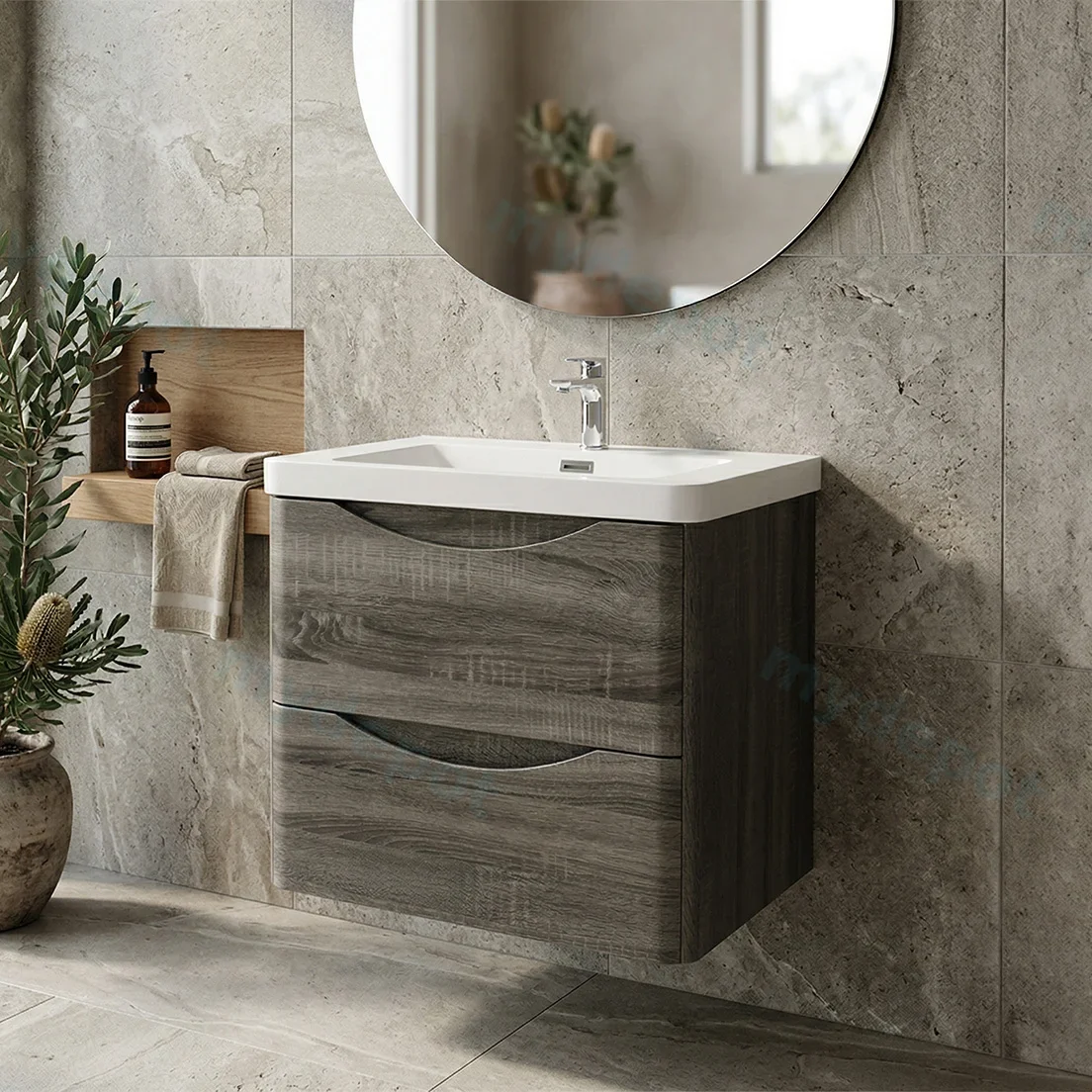 750mm Dark Grey MDF Board with PVC Vacuum Filmed Two Drawers Curved Wall Hung Vanity Cabinet Only view 2