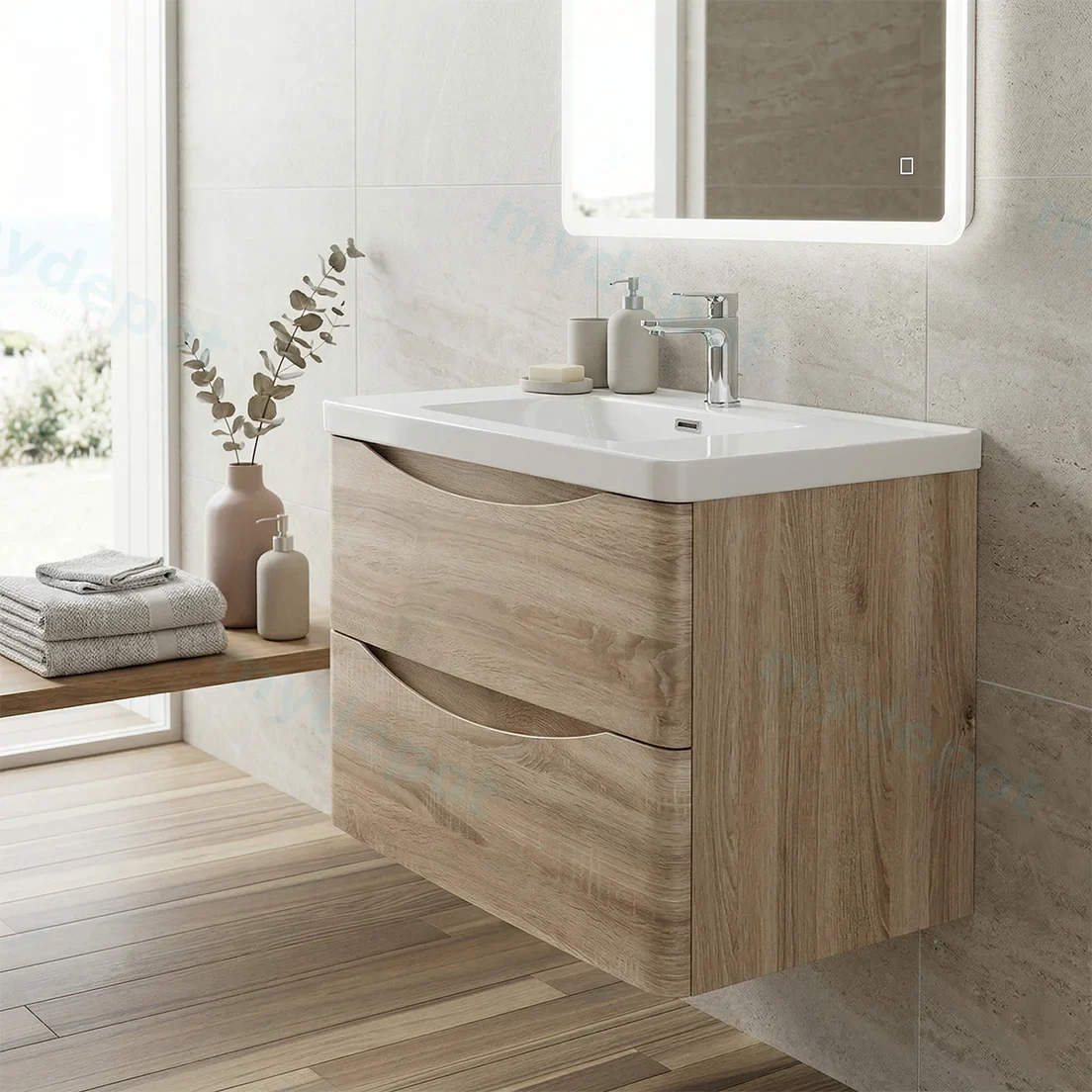 900mm White Oak MDF Board with PVC Vacuum Filmed Two Drawers Curved Wall Hung Vanity Cabinet Only view 2