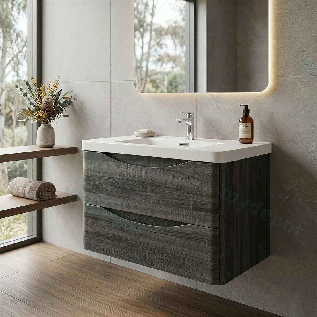 900mm Dark Grey MDF Board with PVC Vacuum Filmed Two Drawers Curved Wall Hung Vanity Cabinet Only view 2