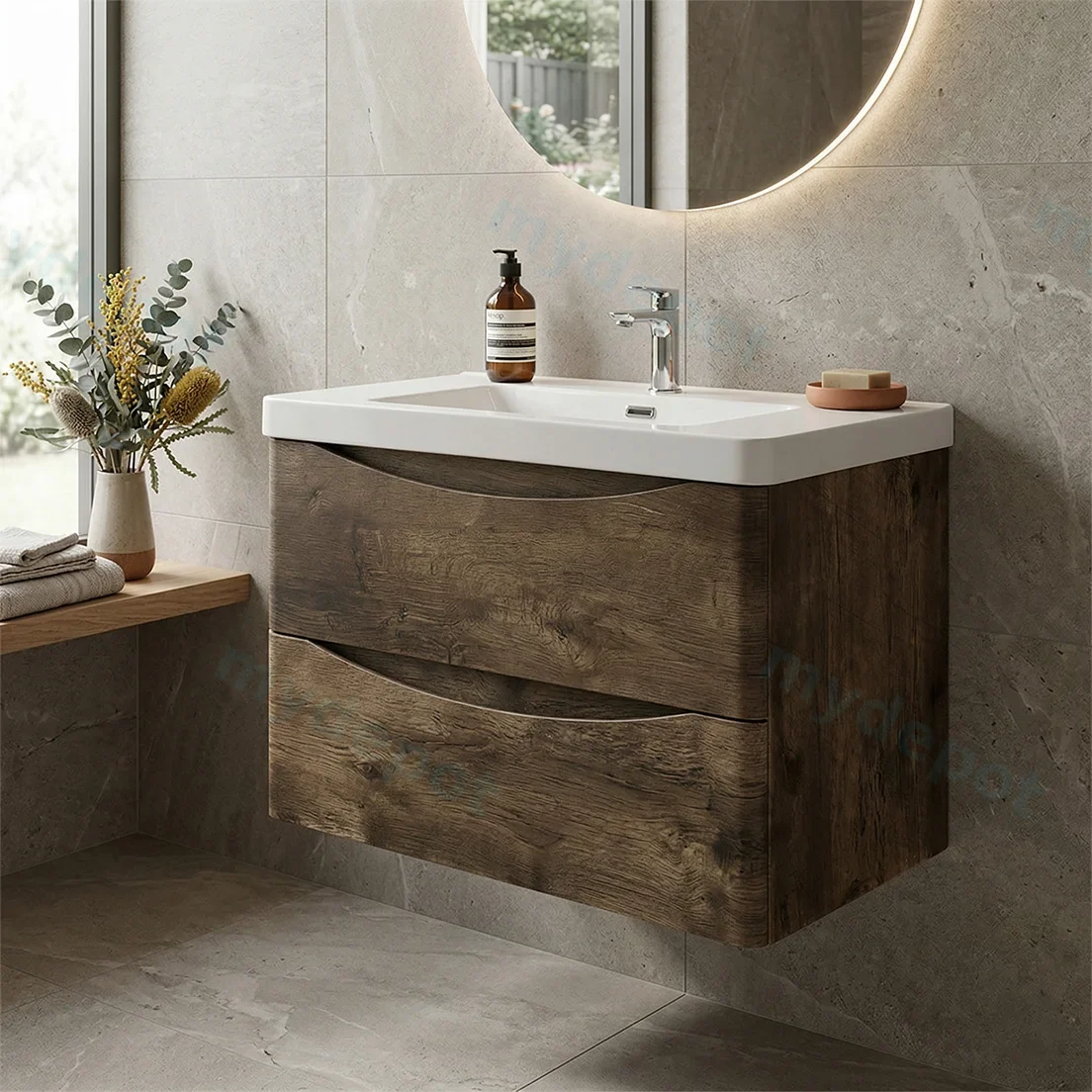 900mm Dark Oak MDF Board with PVC Vacuum Filmed Two Drawers Curved Wall Hung Vanity Cabinet Only view 2