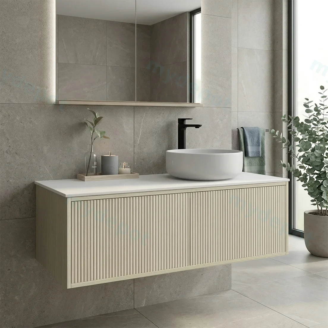 Kiama 1200mm Coastal Oak One Right Drawer One Left Door Wall Hung Vanity Cabinet Only view 2