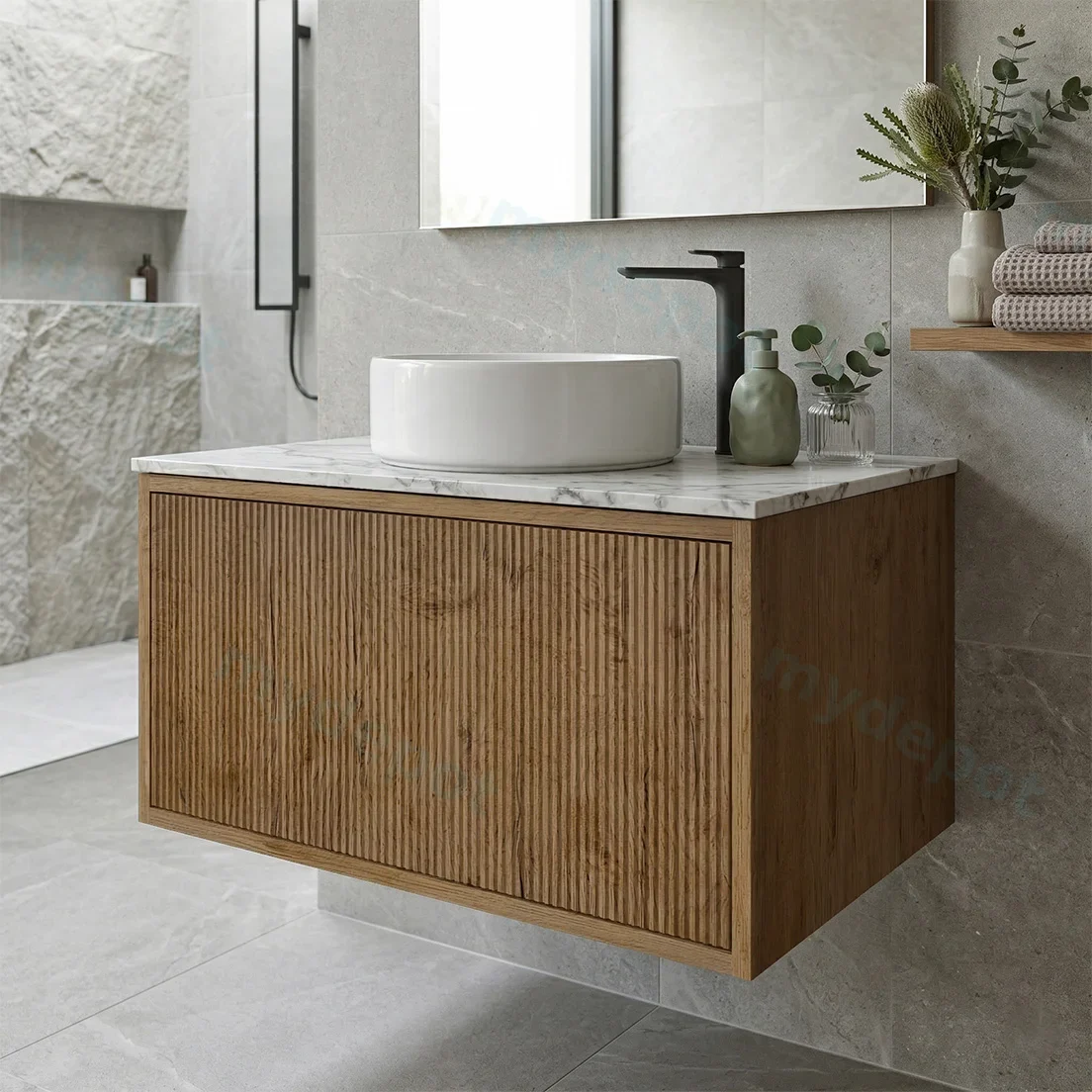 Kiama Slim 750mm Prime Oak One Drawer Narrow Wall Hung Vanity Cabinet Only view 2